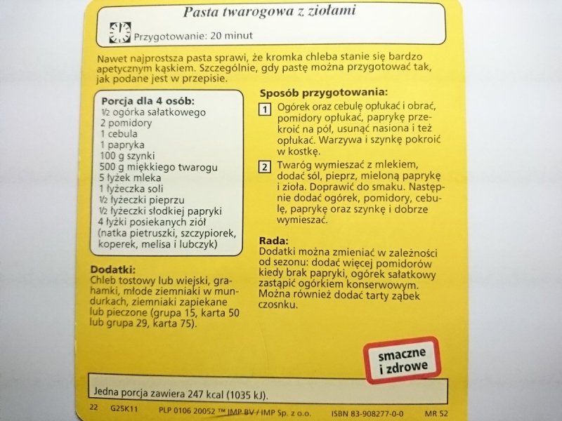 KARTA KULINARNA NR 11 PASTA TWAROGOWA Z ZIOŁAMI
