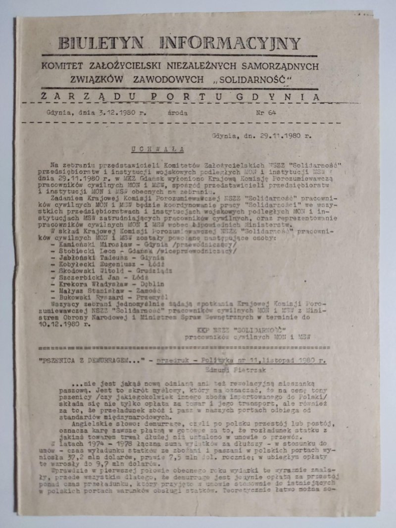 BIULETYN INFORMACYJNY ZARZĄDU PORTU GDYNIA NR 64 – 03.12.1980