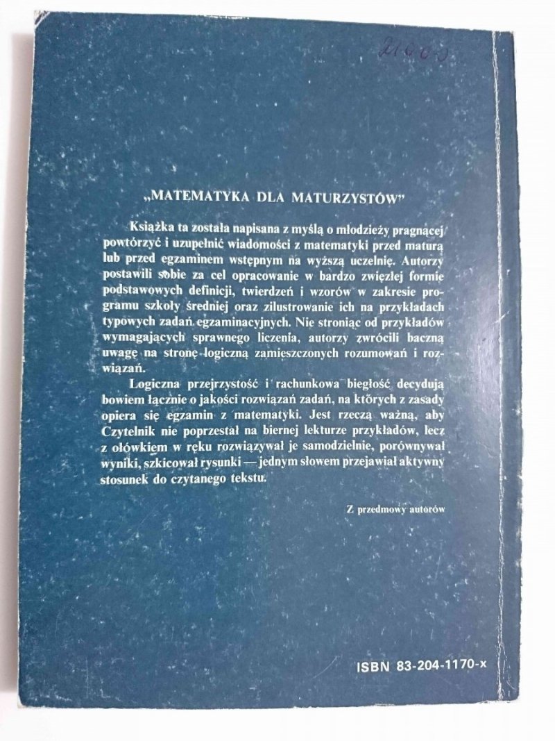 MATEMATYKA DLA MATURZYSTÓW. DEFINICJE TWIERDZENIA WZORY PRZYKŁADY 1991