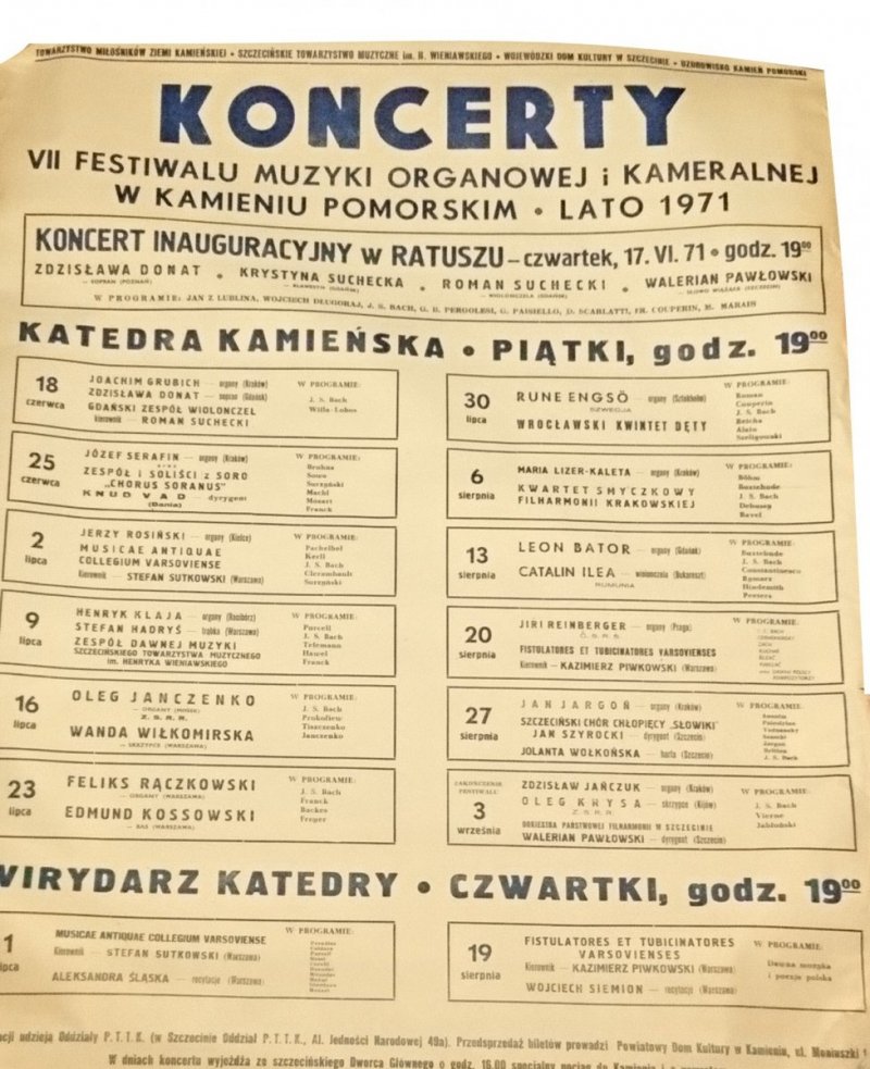 PLAKAT. KONCERTY VII FESTIWALU MUZYKI ORGANOWEJ I KAMERALNEJ W KAMIENIU POMORSKIM. LATO 1971