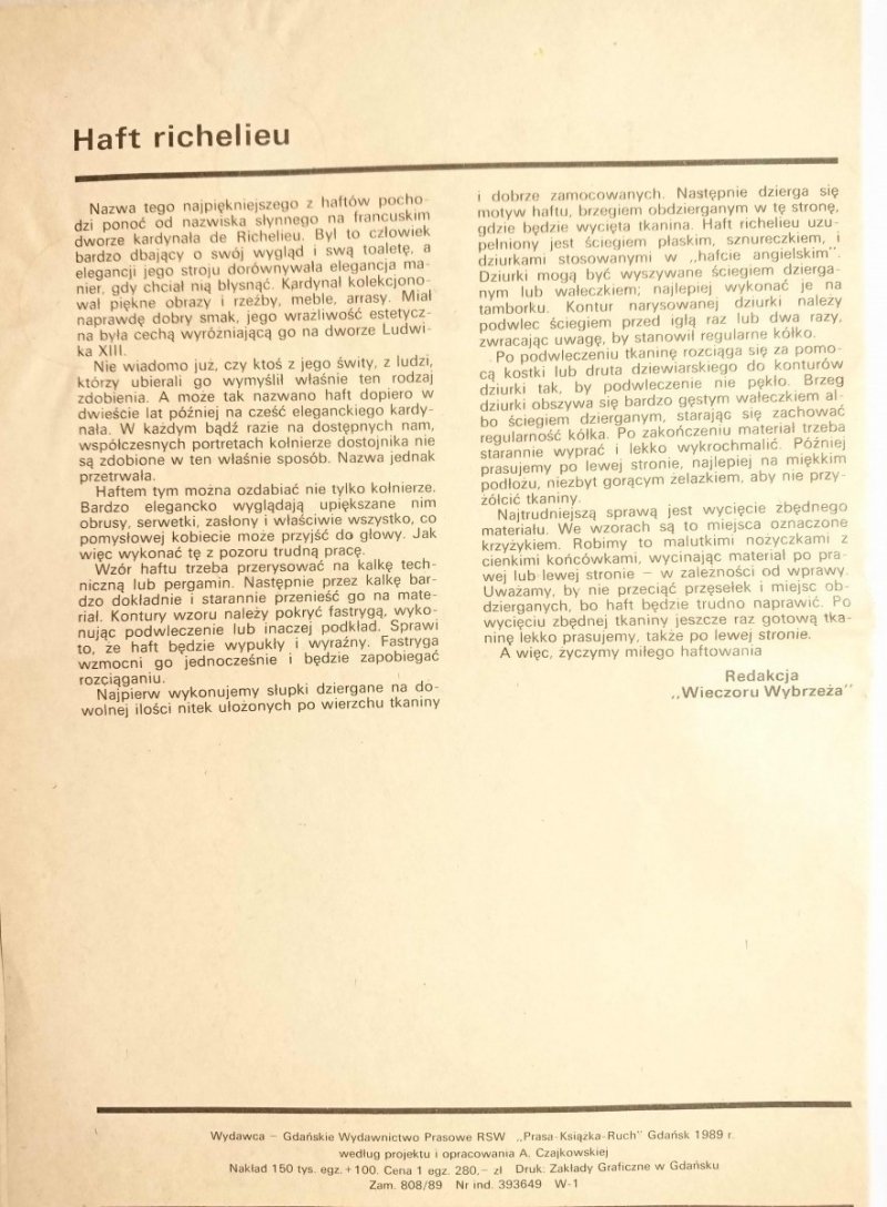 HAFT RICHELIEU. WZORY 1989