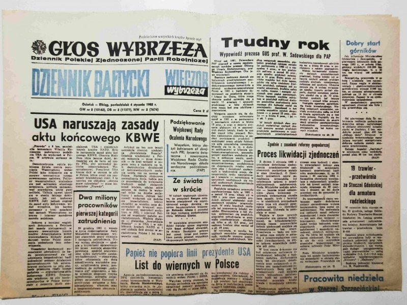 GŁOS WYBRZEŻA DZIENNIK BAŁTYCKI poniedziałek 4 stycznia  1982