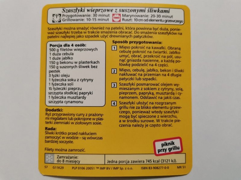KARTA KULINARNA NR. 29 SZASZŁYKI WIEPRZOWE Z SUSZONYMI ŚLIWKAMI