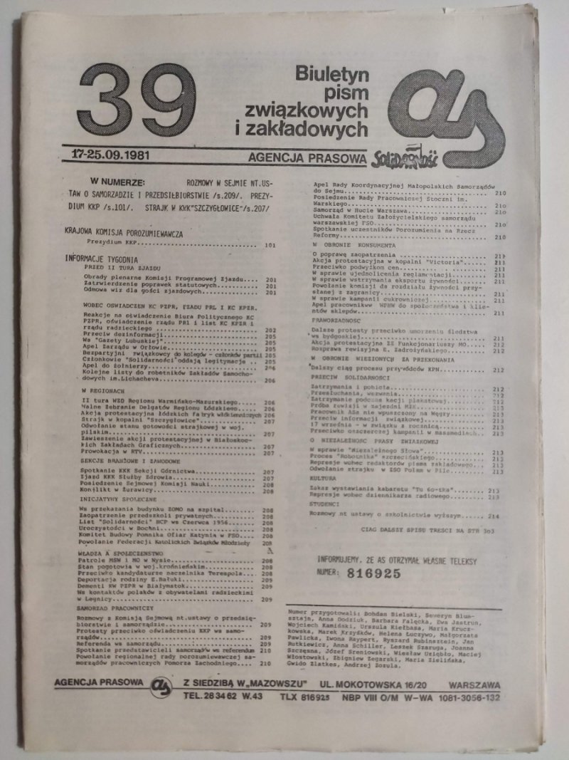 BIULETYN PISM ZWIĄZKOWYCH I ZAKŁADOWYCH NR 39 – 17-25.09.1981
