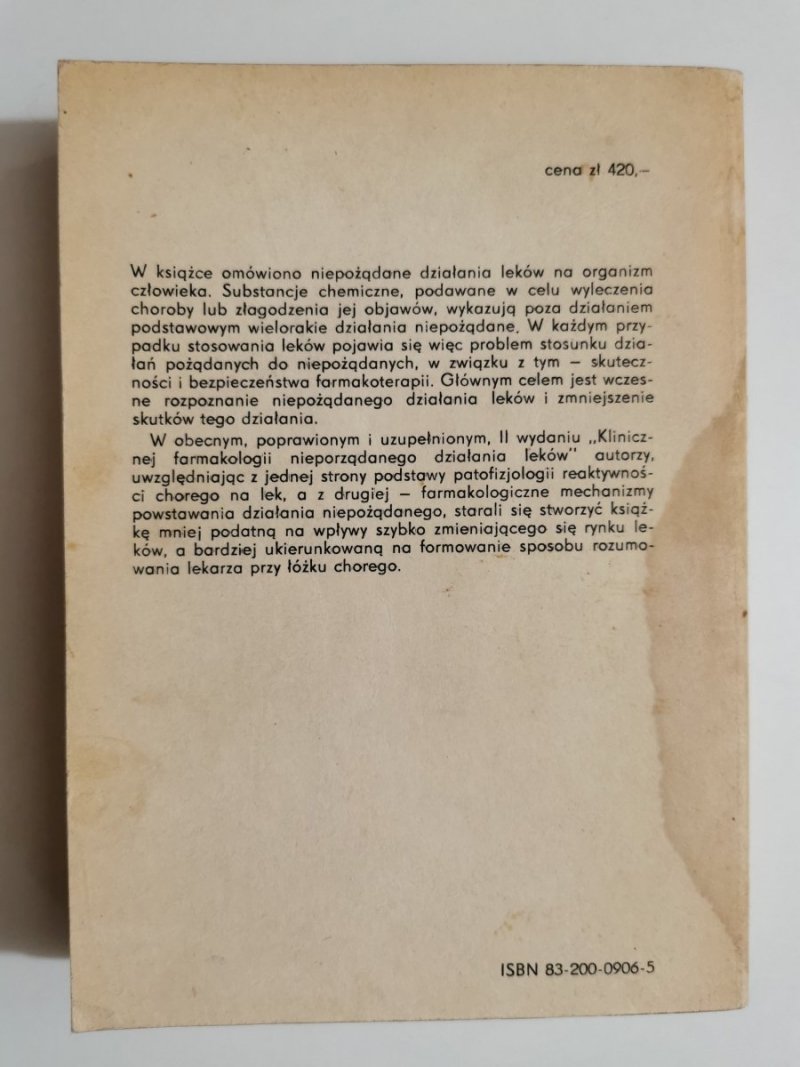 KLINICZNA FARMAKOLOGIA NIEPOŻĄDANEGO DZIAŁANIA LEKÓW - red. Jan Tatoń 1985