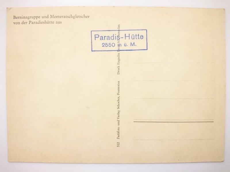 BERNINAGRUPPE UND MORTERATSCHGLETSCHER IN DER PARADIES HÜTTE AUS