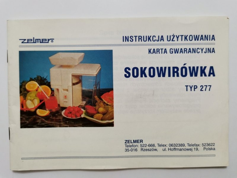 ZELMER SOKOWIRÓWKA TYP 277 INSTRUKCJA UŻYTKOWANIA 