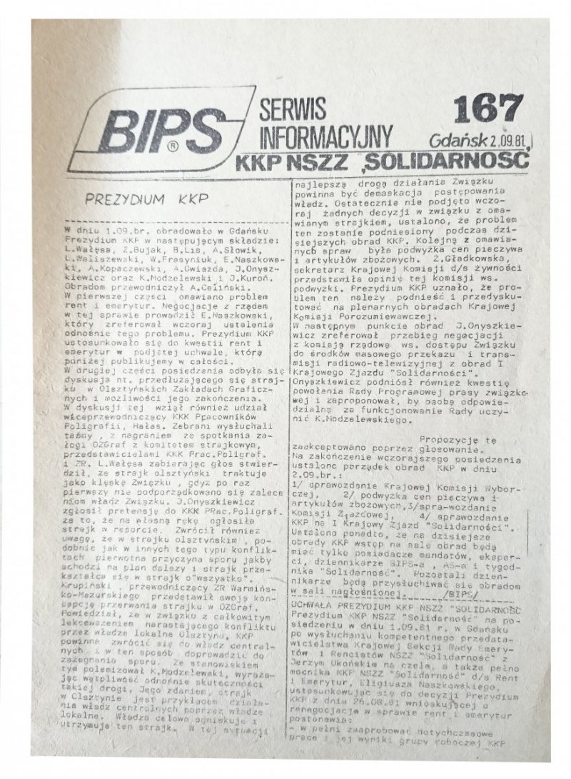 BIPS. SERWIS INFORMACYJNY NR 167 2.09.1981