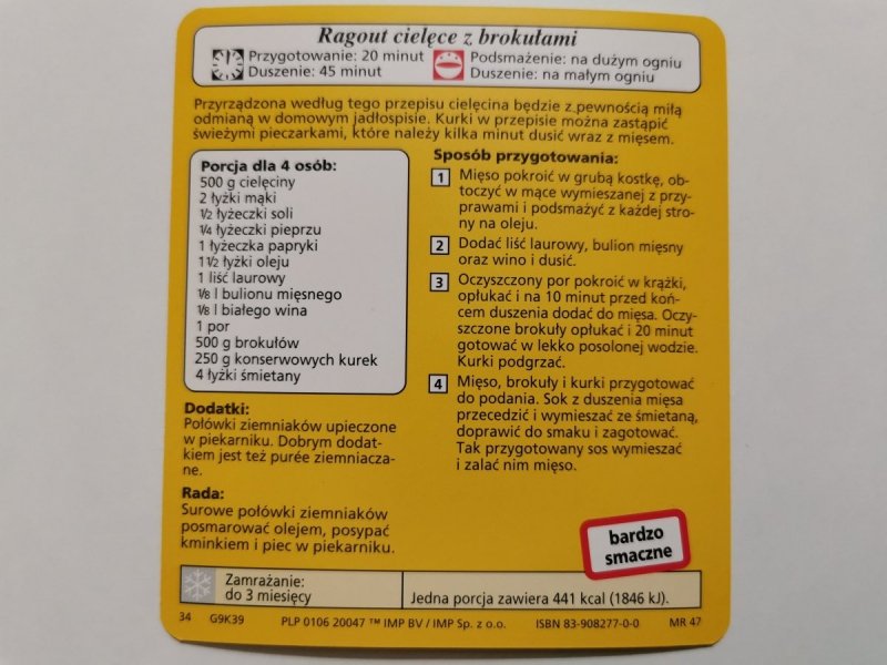 KARTA KULINARNA NR. 39 RAGOUT CIELĘCE Z BROKUŁAMI