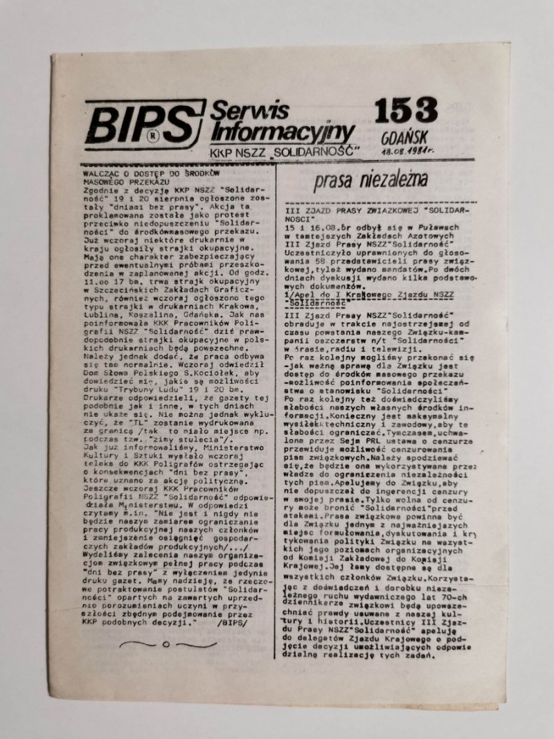 BIPS SERWIS INFORMACYJNY NR 153 18.08.81 GDAŃSK 