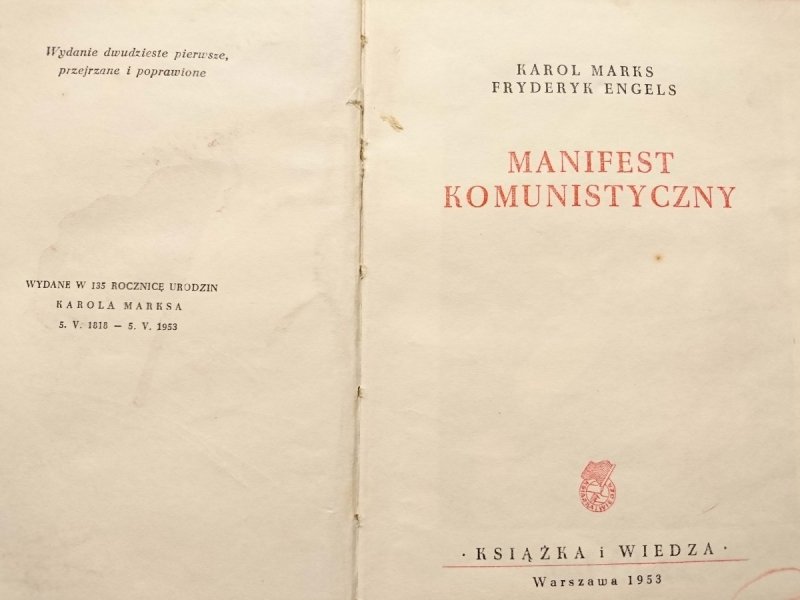 MANIFEST KOMUNISTYCZNY - Karol Marks, Fryderyk Engels 1953