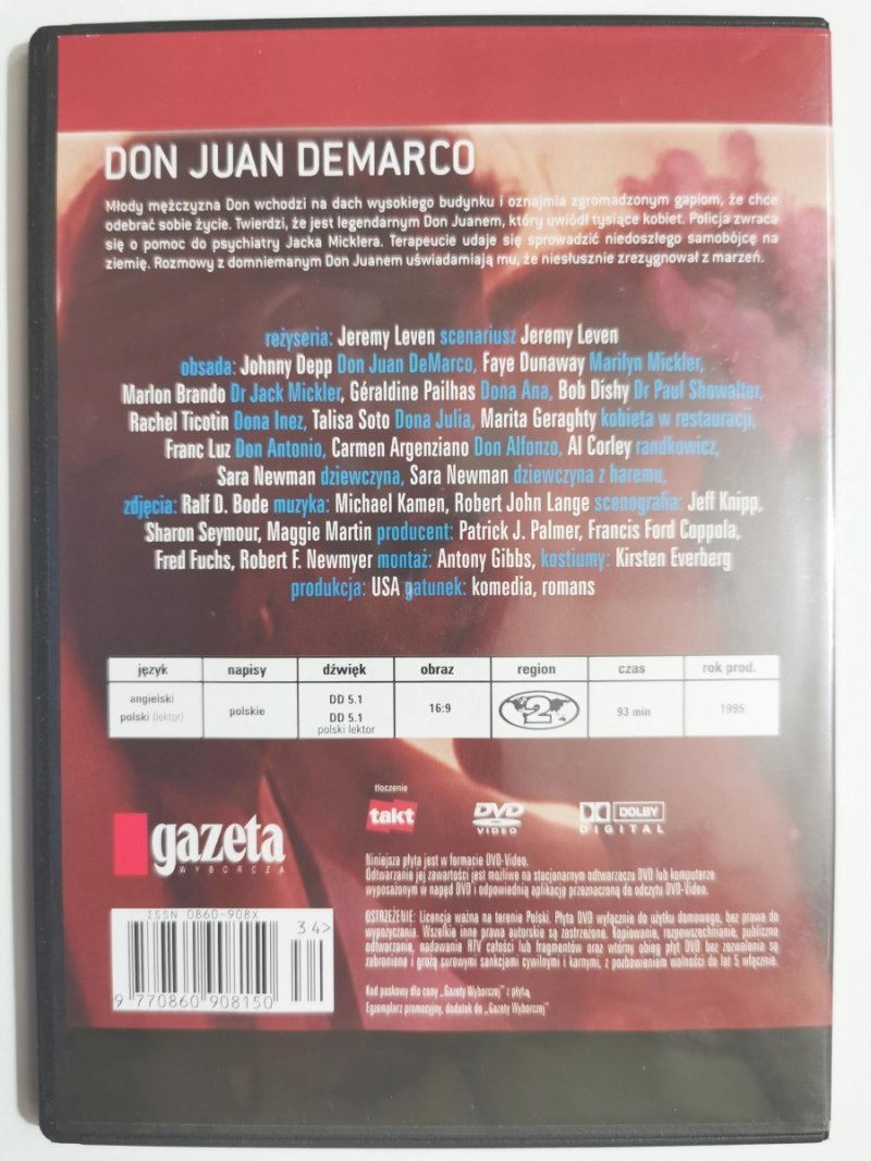 DVD. DON JUAN DEMARCO. REŻ. JEREMY LEVEN