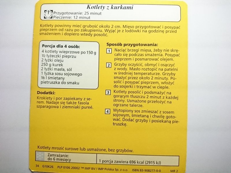 KARTA KULINARNA NR 26  KOTLETY Z KURKAMI