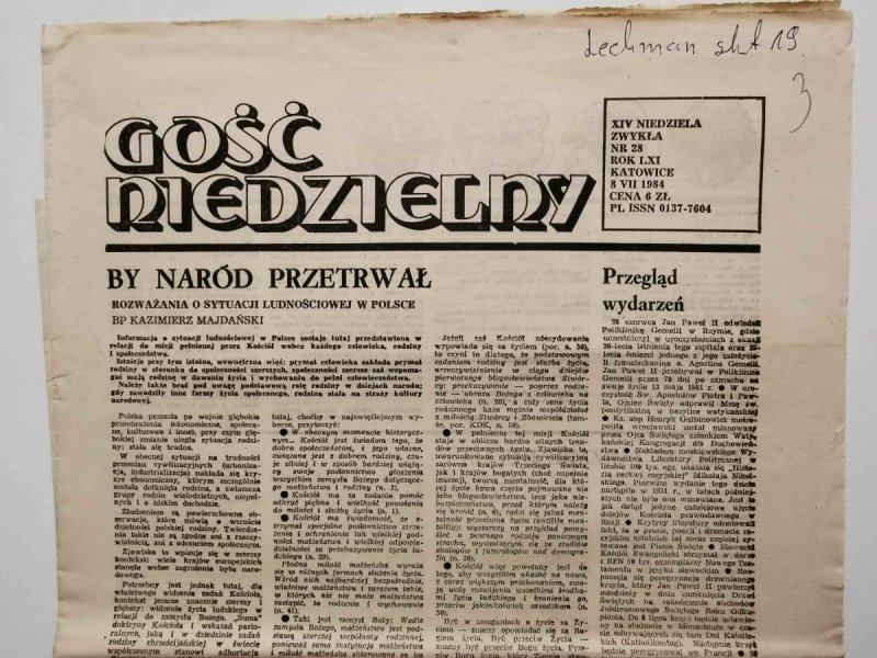 GOŚĆ NIEDZIELNY XIV NIEDZIELA ZWYKŁA NR 28 ROK LXI KATOWICE 8 VII 1984