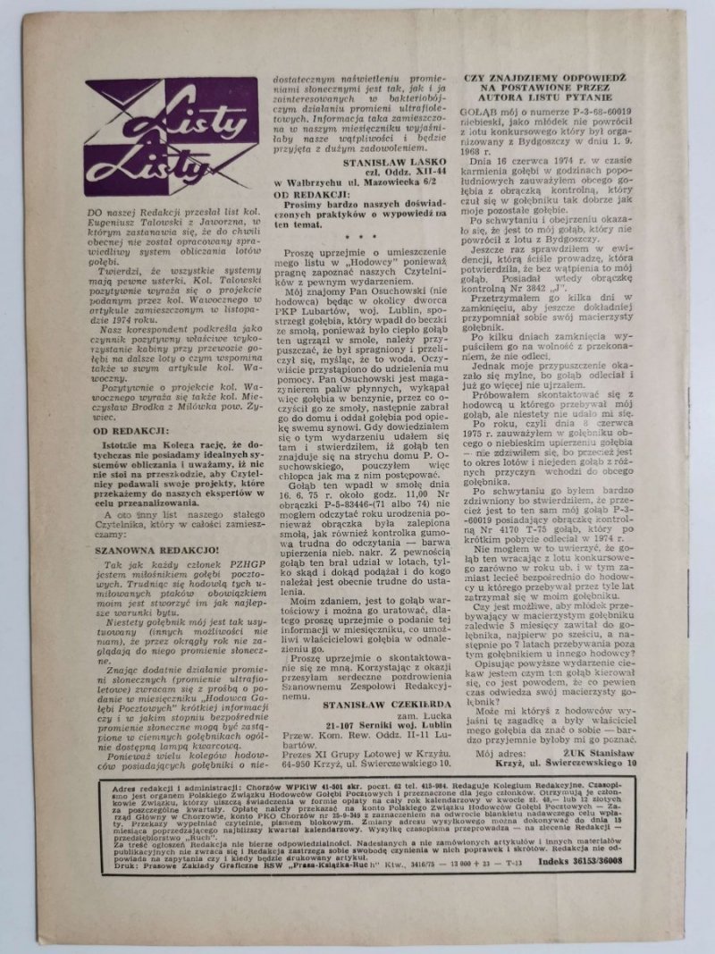 HODOWCA GOŁĘBI POCZTOWYCH NR 11  1975
