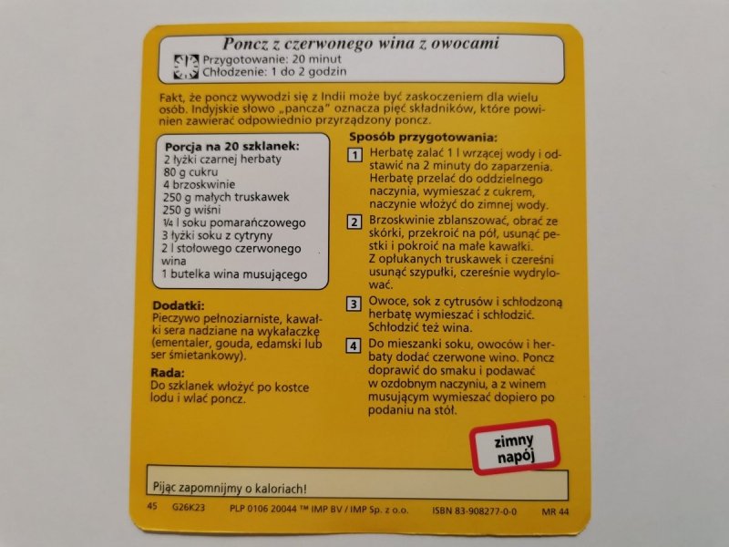 KARTA KULINARNA NR. 23 PONCZ Z CZERWONEGO WINA Z OWOCAMI