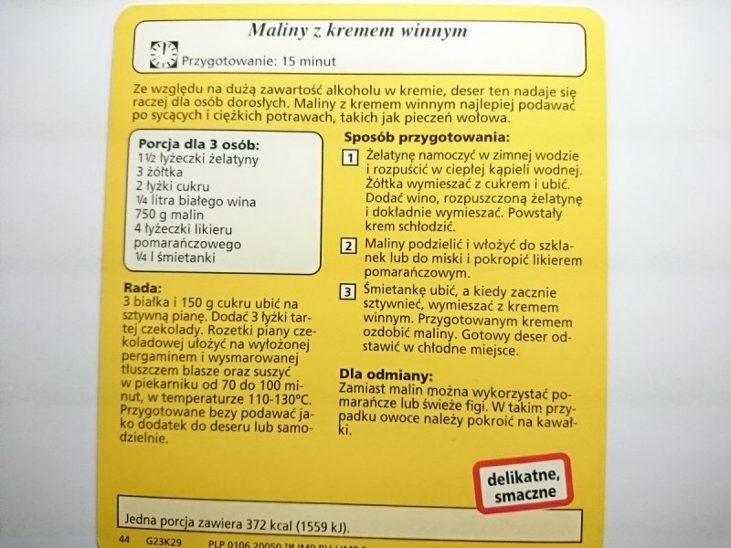 KARTA KULINARNA NR 29 MALINY Z KREMEM WINNYM
