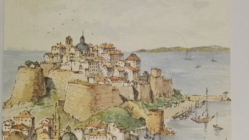 CORSE. LA CITADELLE DE CALVI. AQUARELLE ORIGINALE