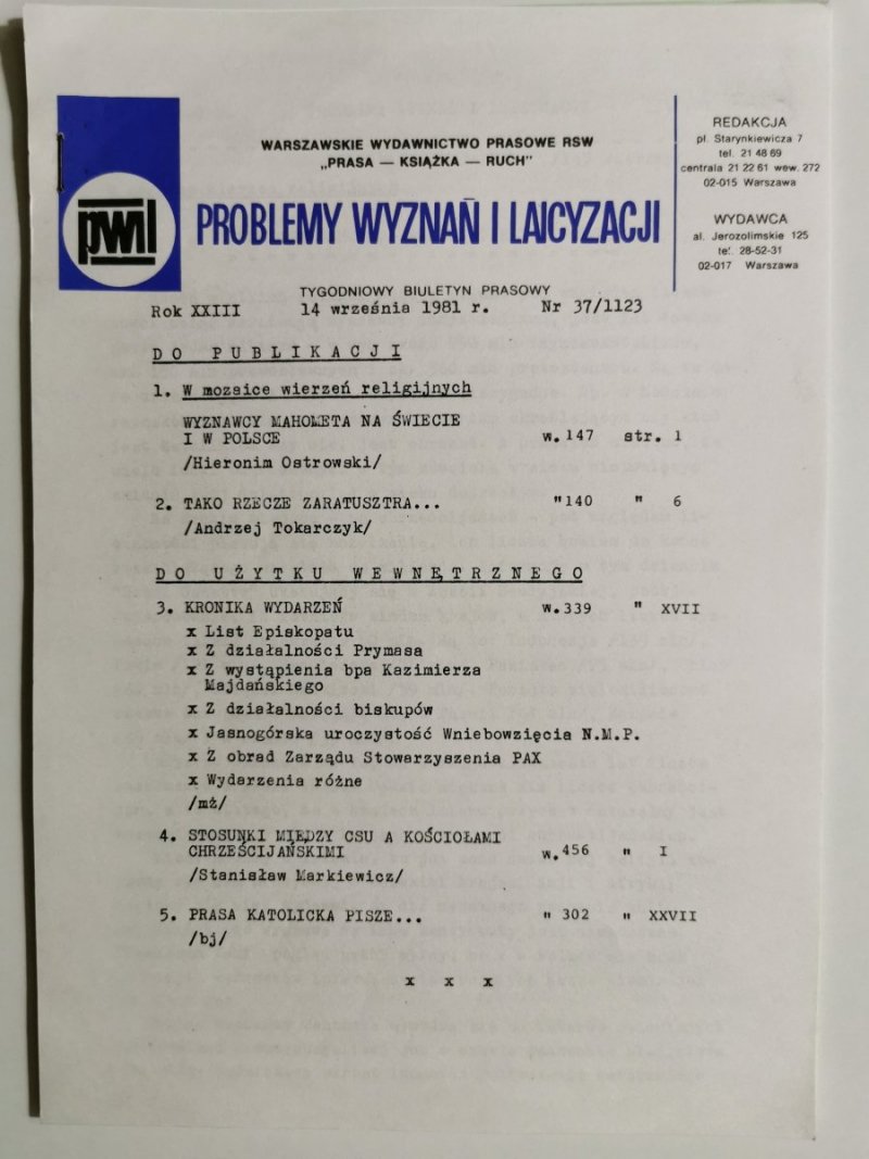 PROBLEMY WYZNAŃ I LAICYZACJI 14 WRZEŚNIA 1981r. Nr 37/1123