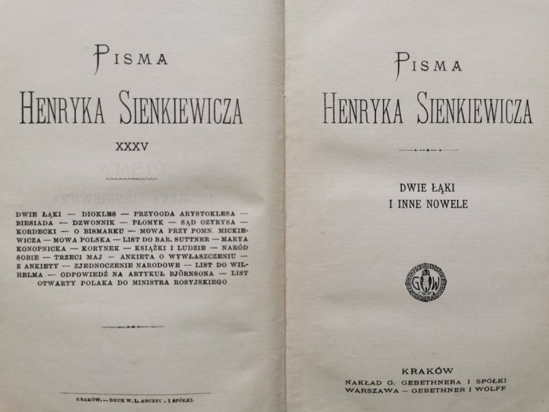 PISMA HENRYKA SIENKIEWICZA. DWIE ŁĄKI I INNE NOWELE 