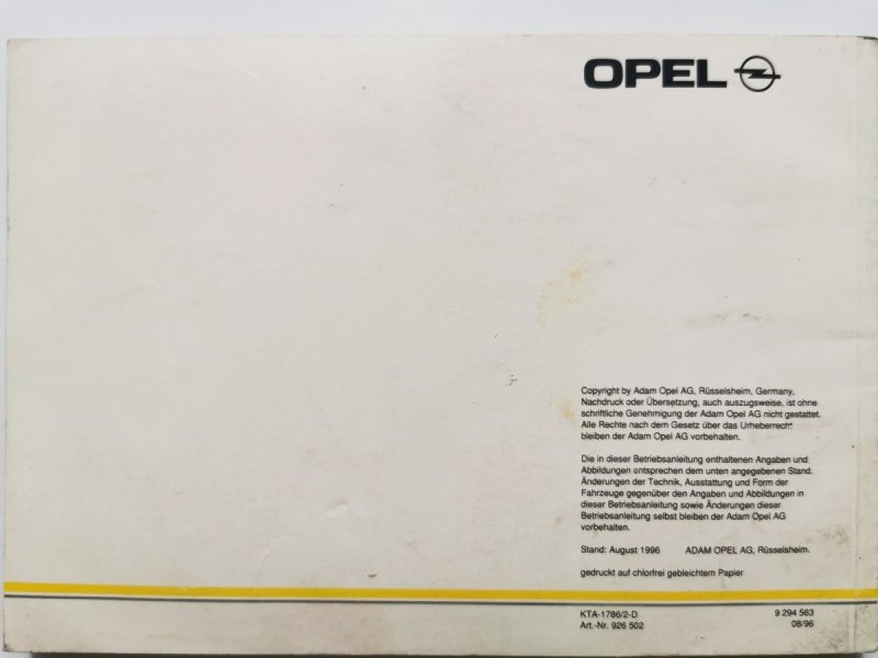 OPEL VECTRA. BEDIENUNG, SICHERHEIT, WARTUNG. KATALOG KTA-1786/2-D1996