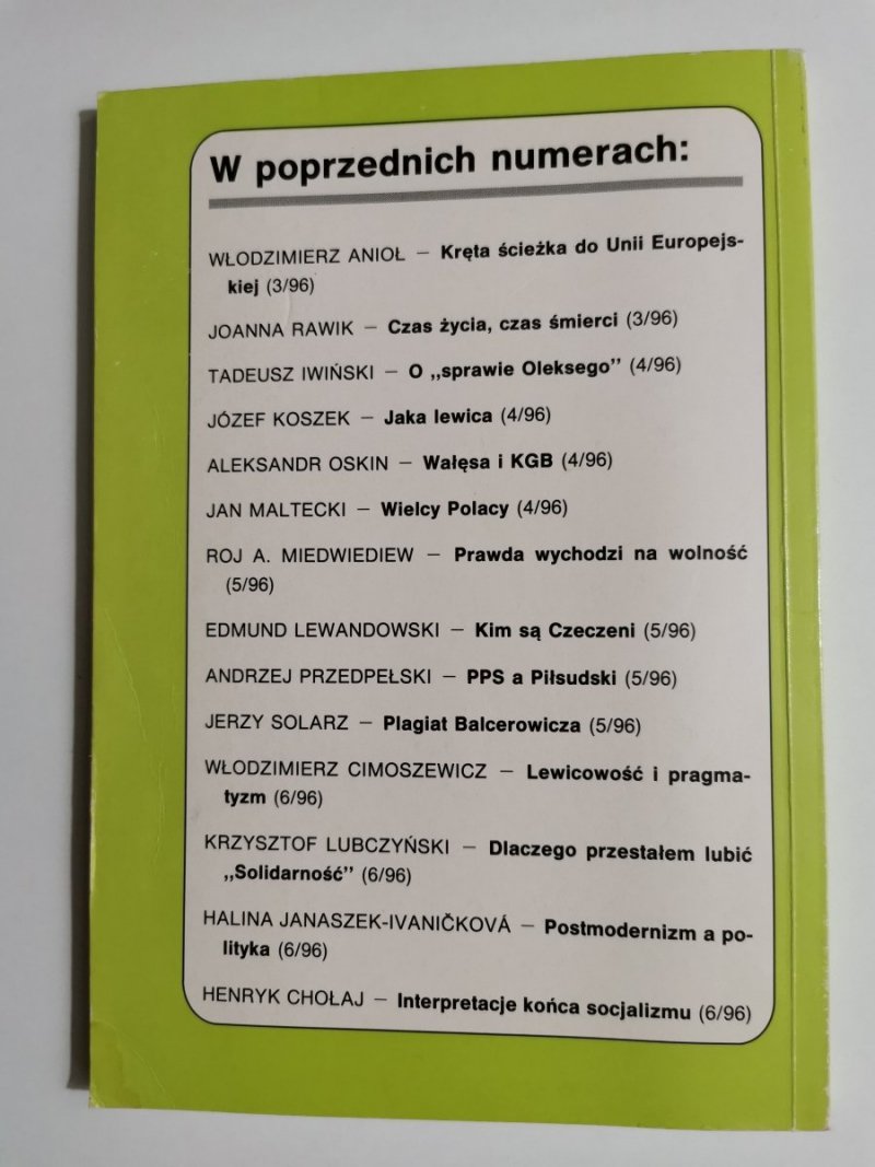 DZIŚ. PRZEGLĄD SPOŁECZNY. WARSZAWA ROK VII LIPIEC '96 NR 7 (70)