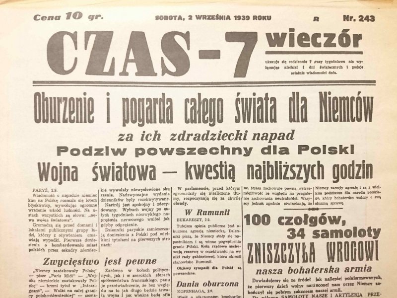 CZAS – 7 WIECZÓR SOBOTA, 2 WRZEŚNIA 1939 ROKU NR 243 REPRINT