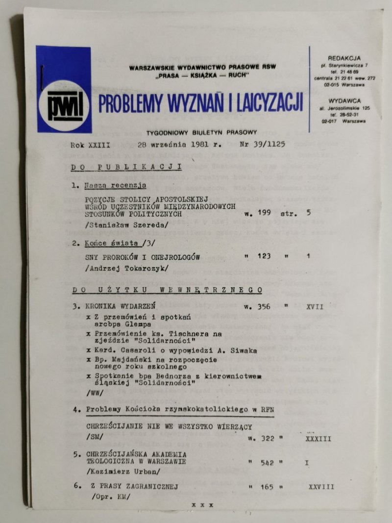 PROBLEMY WYZNAŃ I LAICYZACJI 28 WRZEŚNIA 1981r. Nr 39/1125