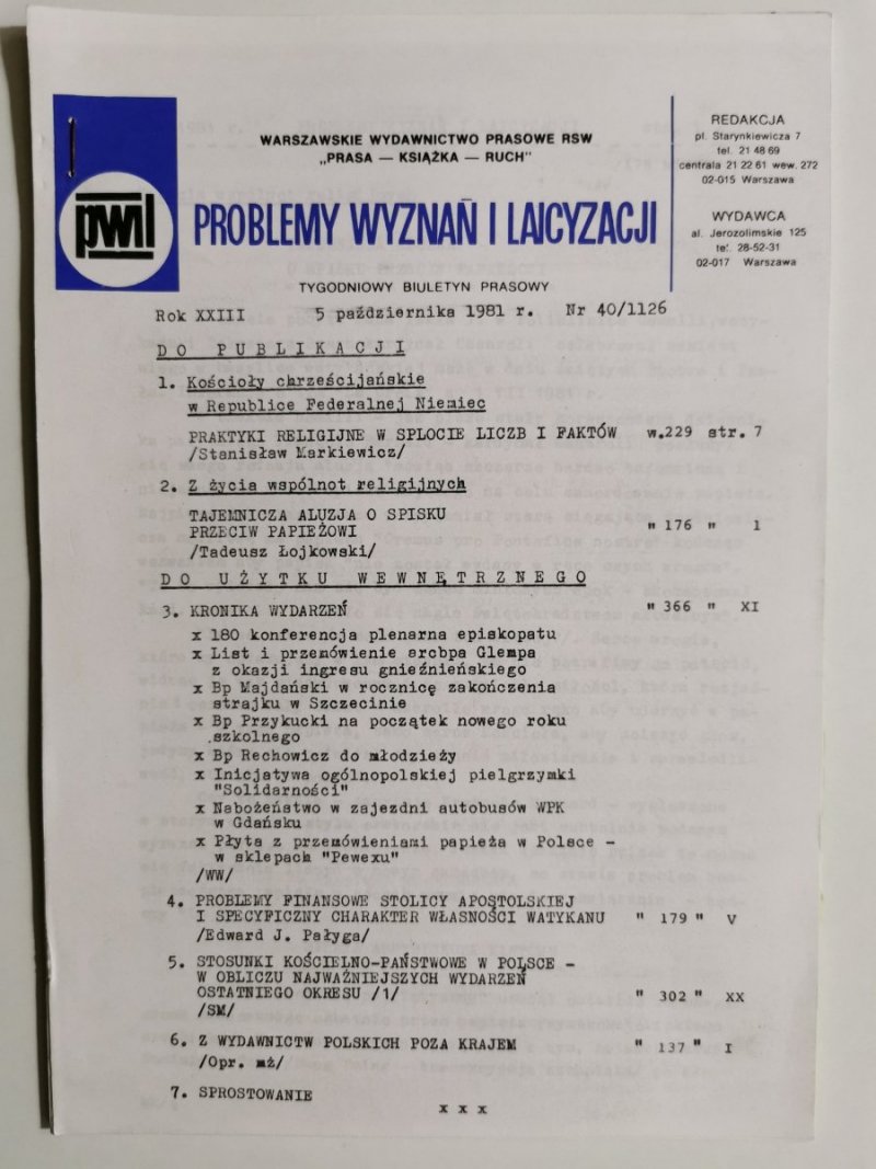 PROBLEMY WYZNAŃ I LAICYZACJI 5 PAŹDZIERNIKA 1981r. Nr 40/1126