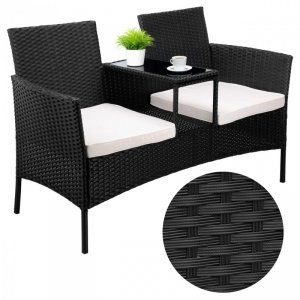 Ławka ogrodowa z technorattanu sofa CORDOBA czarna z beżowymi poduszkami