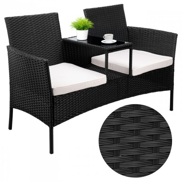 Ławka ogrodowa z technorattanu sofa CORDOBA czarna z beżowymi poduszkami