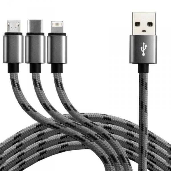 Kabel USB-A -&gt; USB-C/microUSB/Lightning 3w1 1,2m 2,4A pleciony czarny EVERACTIVE (CBB-1.2MCI)