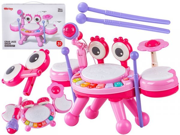Edukacyjna Mini Perkusja Krab Pianinko Mikrofon Zestaw Muzyczny Różowy