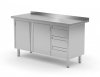Stół przyścienny szafka z trzema szufladami i drzwiami na zawiasach - szuflady po prawej stronie 1100 x 600 x 850 mm POLGAST 137116-P 137116-P