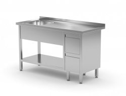 Stół ze zlewem, półką i szafką z dwiema szufladami - komora po lewej stronie 1300 x 700 x 850 mm POLGAST 215137-L 215137-L