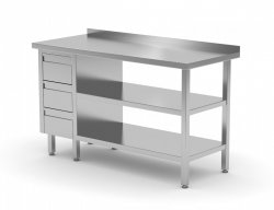 Stół przyścienny szafka z trzema szufladami i dwiema półkami - szuflady po lewej stronie 1100 x 600 x 850 mm POLGAST 125116-3-L/2 125116-3-L/2