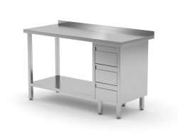 Stół przyścienny szafka z trzema szufladami i półką - szuflady po prawej stronie 1300 x 600 x 850 mm POLGAST 125136-3-P 125136-3-P