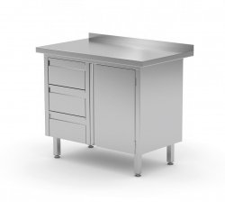 Stół przyścienny szafka z trzema szufladami i drzwiami na zawiasach - szuflady po lewej stronie 1000 x 600 x 850 mm POLGAST 136106-3-L 136106-3-L