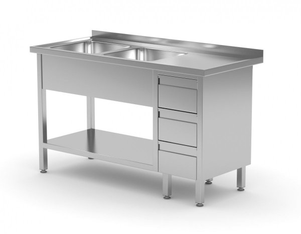 Stół z dwoma zlewami, półką i szafką z trzema szufladami - komory po lewej stronie 1400 x 600 x 850 mm POLGAST 225146-3-L 225146-3-L