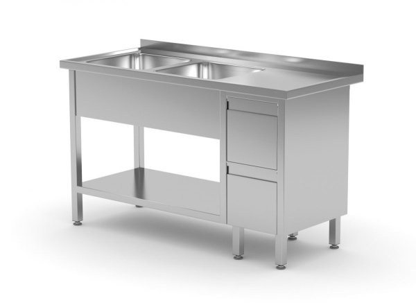 Stół z dwoma zlewami, półką i szafką z dwiema szufladami - komory po lewej stronie 1700 x 700 x 850 mm POLGAST 225177-L 225177-L