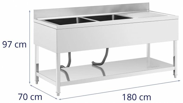Stół ze zlewem - dwukomorowy - stal nierdzewna - 180 x 70 x 97 cm - Royal Catering 10013165 RCGS-2B180D7