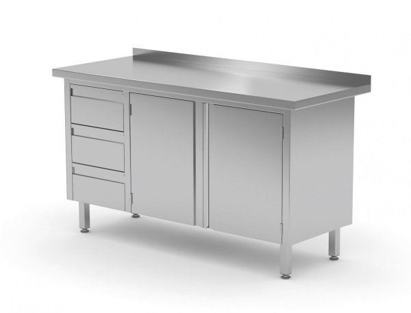 Stół przyścienny szafka z trzema szufladami i drzwiami na zawiasach - szuflady po lewej stronie 1500 x 600 x 850 mm POLGAST 137156-L 137156-L