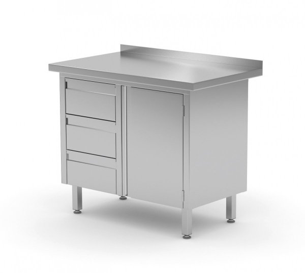 Stół przyścienny szafka z trzema szufladami i drzwiami na zawiasach - szuflady po lewej stronie 830 x 700 x 850 mm POLGAST 136087-3-L 136087-3-L