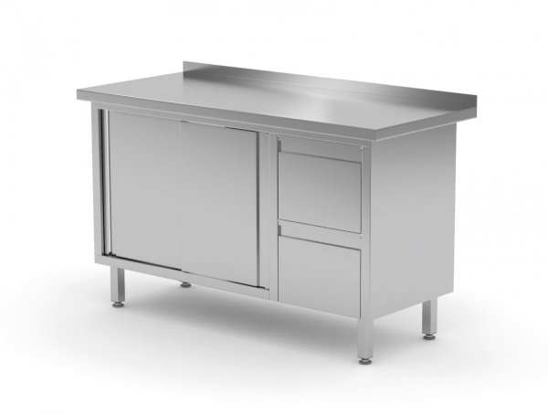 Stół przyścienny szafka z dwiema szufladami i drzwiami suwanymi - szuflady po prawej stronie 1200 x 600 x 850 mm POLGAST 130126-P 130126-P