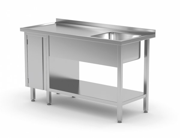 Stół ze zlewem, półką i szafką z drzwiami na zawiasach - komora po prawej stronie 1100 x 600 x 850 mm POLGAST 216116-P 216116-P