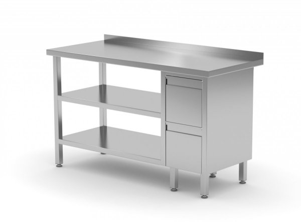 Stół przyścienny szafka z dwiema szufladami i dwiema półkami - szuflady po prawej stronie 1200 x 700 x 850 mm POLGAST 125127-P/2 125127-P/2