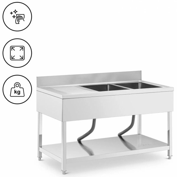 Stół ze zlewem - dwukomorowy - stal nierdzewna - 140 x 70 x 97 cm - Royal Catering 10013163 RCGS-2B140D7 