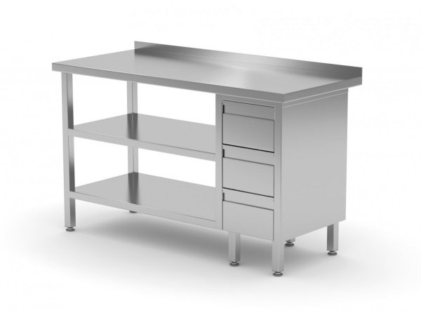 Stół przyścienny szafka z trzema szufladami i dwiema półkami - szuflady po prawej stronie 1000 x 600 x 850 mm POLGAST 125106-3-P/2 125106-3-P/2