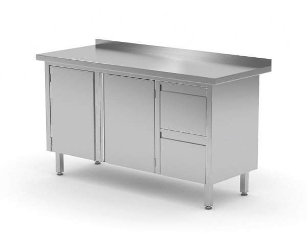 Stół przyścienny szafka z dwiema szufladami i drzwiami na zawiasach - szuflady po prawej stronie 1200 x 600 x 850 mm POLGAST 132126-P 132126-P
