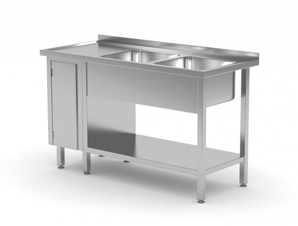Stół z dwoma zlewami, półką i szafką z drzwiami na zawiasach - komory po prawej stronie 1500 x 600 x 850 mm POLGAST 226156-P 226156-P